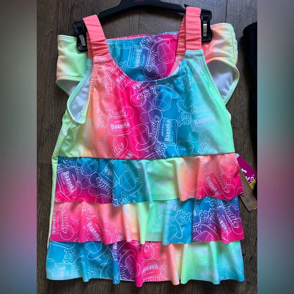 NWT 2‎ Justice 'Ring Pop' Black One-Piece Swimsuit & Tankini Set Large 12/14